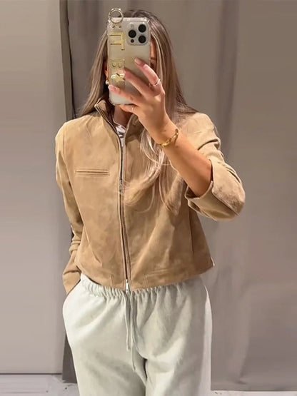 Stand Collar Suede Leather Jacket Coat Zipper Retro Long Sleeved Biker Jackets Loose Front Shoulder Short Outwear