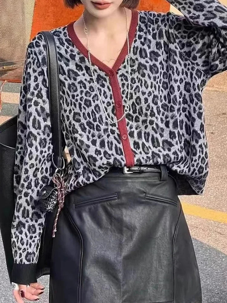 Knitted Sweaters for Long Sleeve Jumpers New Autumn Winter Leopard Loose Single Breasted Cardigan