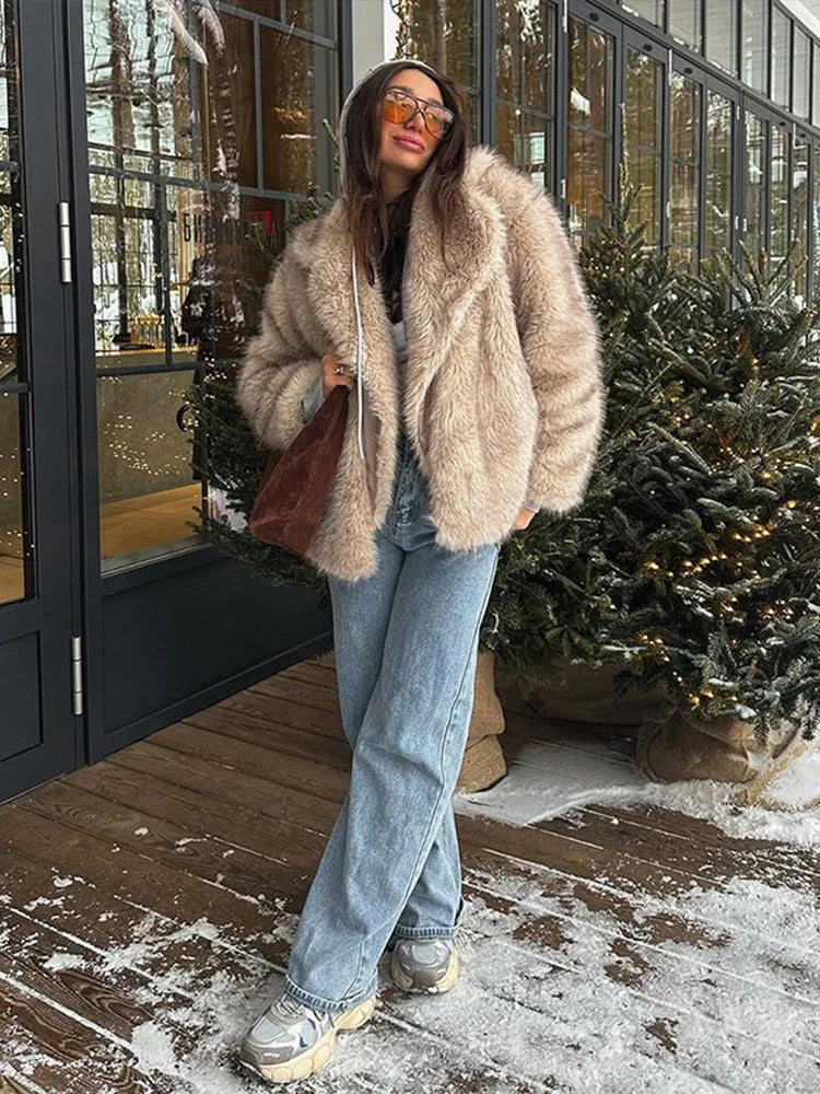 Furffy Thicken Jackets Faux Fur Loose Lapel Long Sleeves Warm Coats Female Winter Soft Outwears Lady