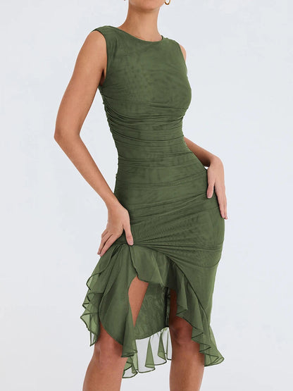 Ruffle Ruched Backless Midi Dress