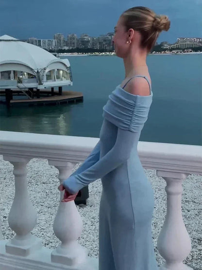 Off Shoulder Long Dress Bodycon Full Sleeves Party Dresses Summer Autumn Slim Lady Robes