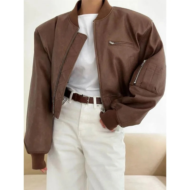 Round Imitation Leather Jacket Zipper Loose Female Jackets Autumn Stand Collar Lady Short Coat