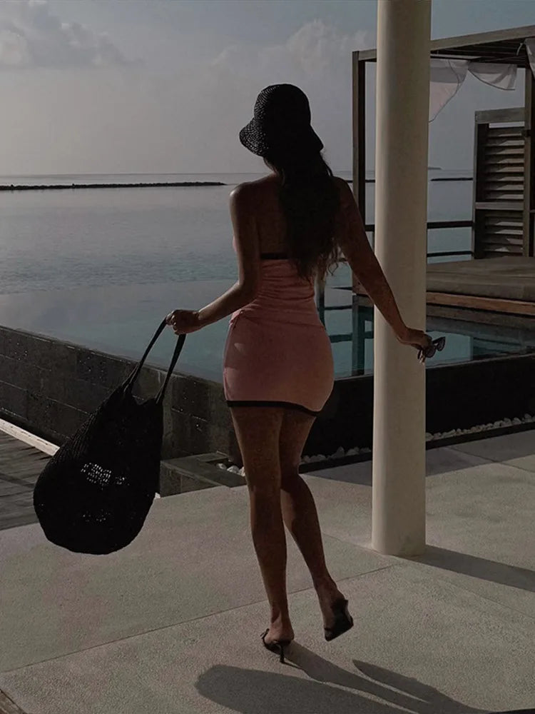 Knit Mini Dress Strapless Sleeveless Backless With Belt Slim Hip Package Dresses Female Spring Summer Lady Robe
