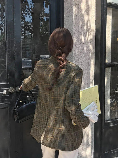 Wool Blends Coats Plaid Woolen Jacket Commute Blazer Korean Long Sleeve Outerwears Winter Overcoat