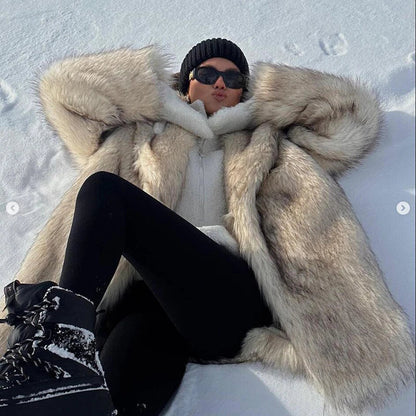 Brand Fluffy Faux Fur Jacket Winter Long Thicken Warm Gradient Fox Fur Coat Furry Overcoat