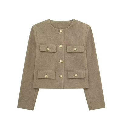 Button Fake Pocket Jacket O-neck Long Sleeve Single Breasted Cropped Coats New Lady Outerwear