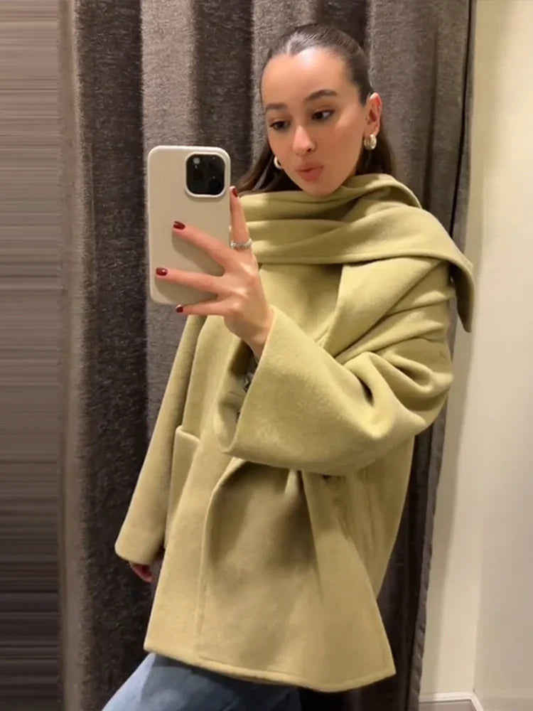 Woolen Scarf Collar Coat Single Breasted Thicken Warm Pocket Loose Jacket Winter Long Sleeve Outwear