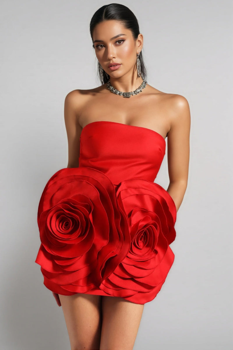 Quinna Red Strapless 3d Flower Mini Dress