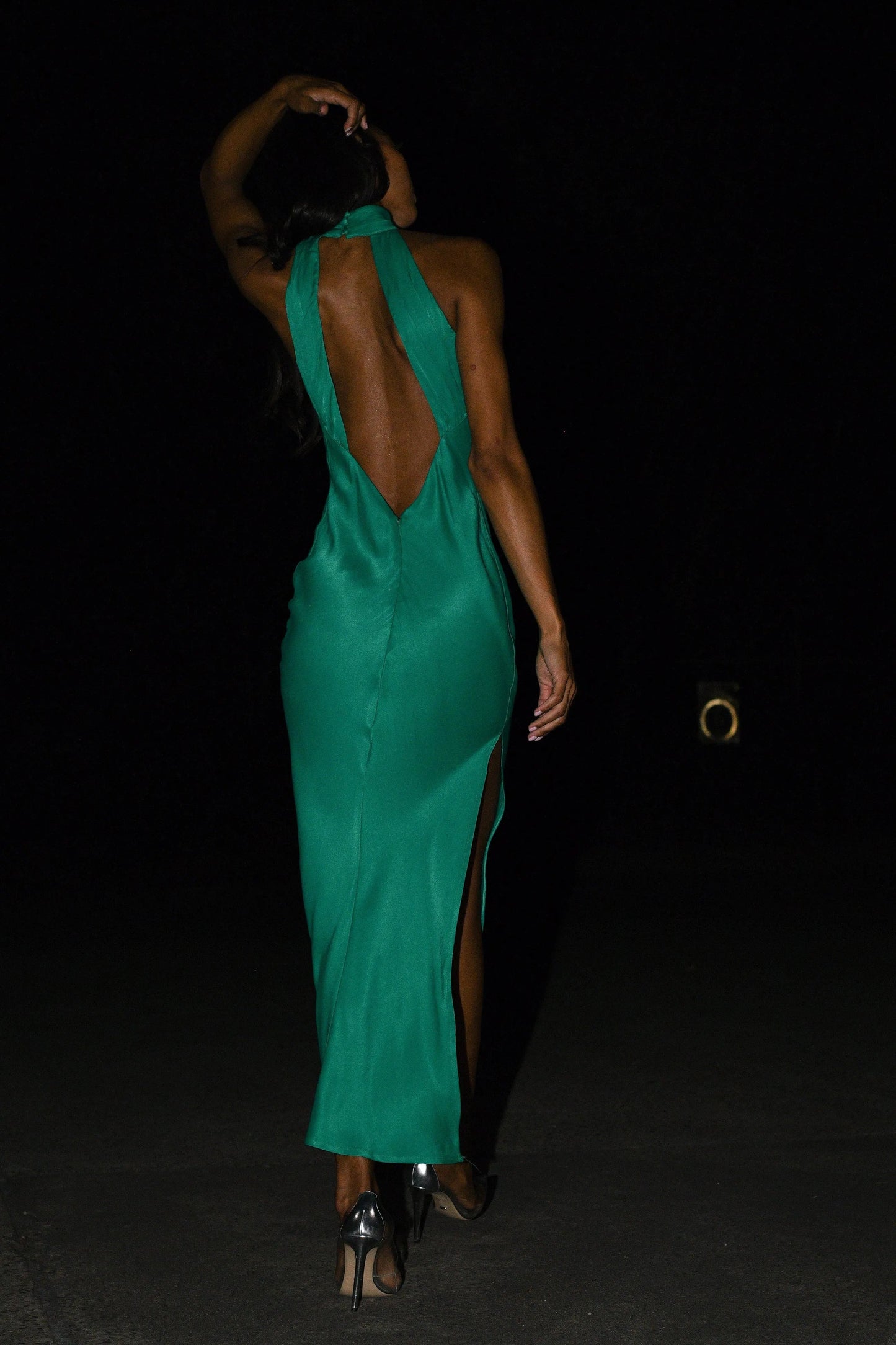 Shaylah Green Satin Drape Back Split Maxi Dress