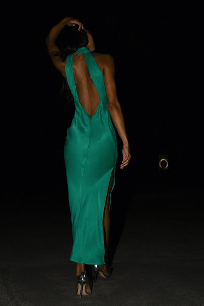 Shaylah Green Satin Drape Back Split Maxi Dress