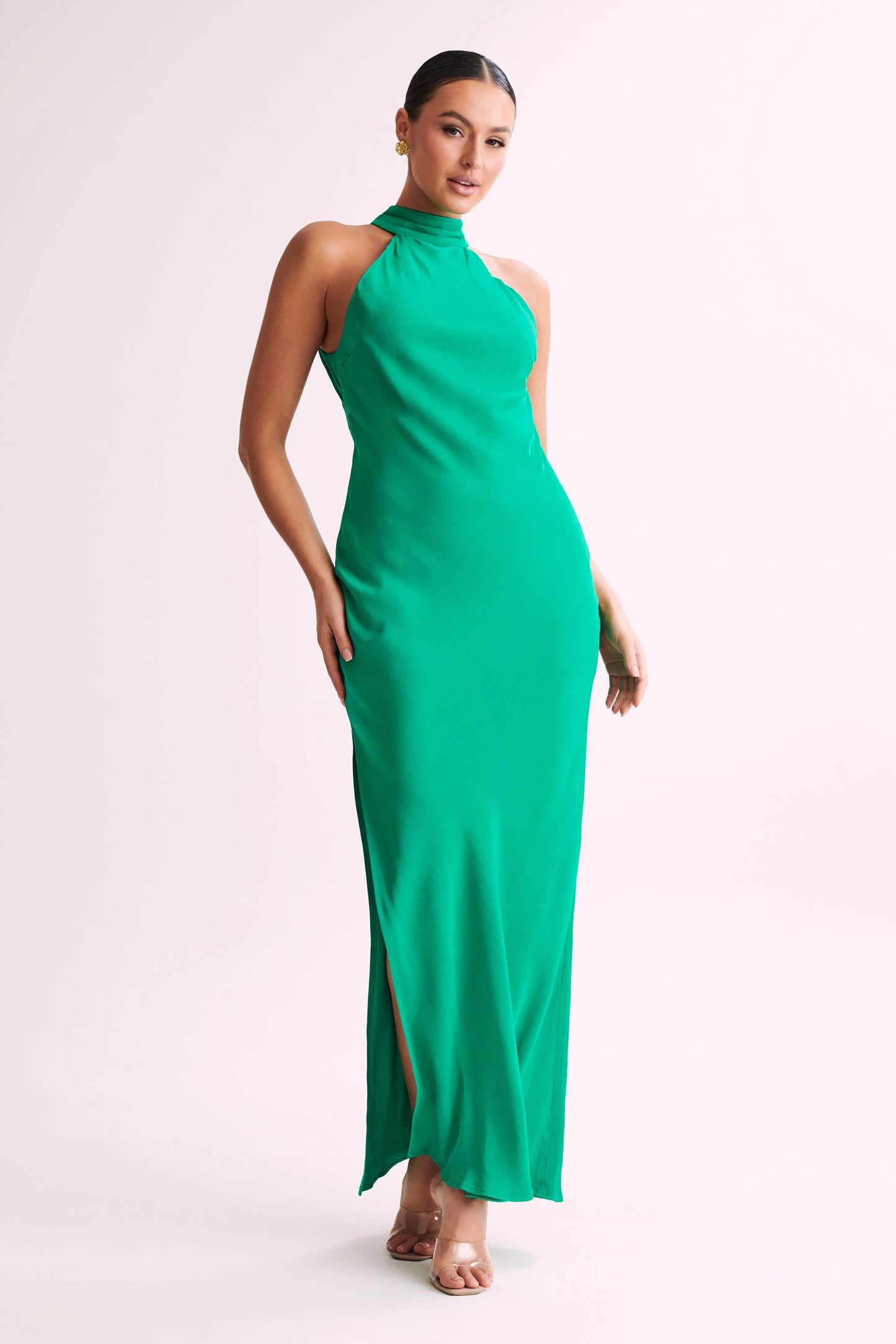 Shaylah Green Satin Drape Back Split Maxi Dress