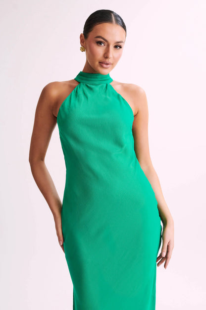 Shaylah Green Satin Drape Back Split Maxi Dress