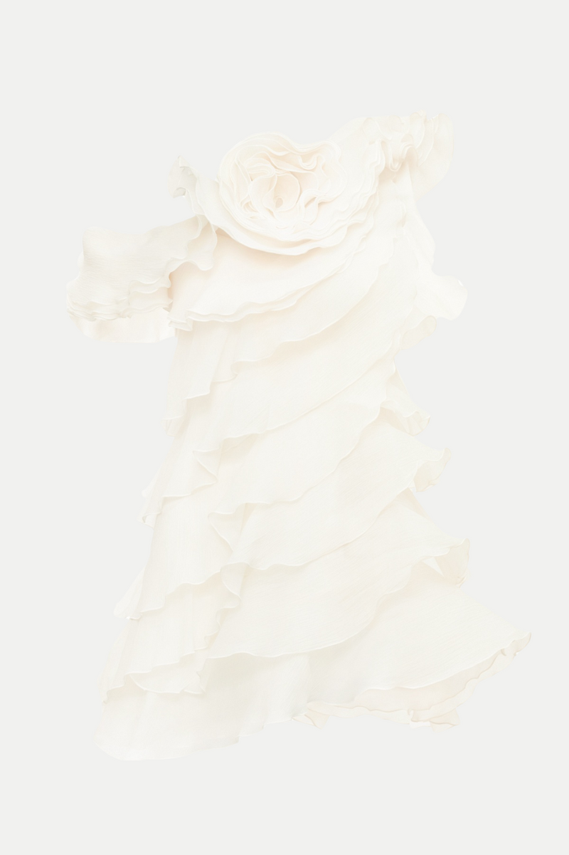 Shelyn Flower One Shoulder Ruffle Mini Dress - Beige