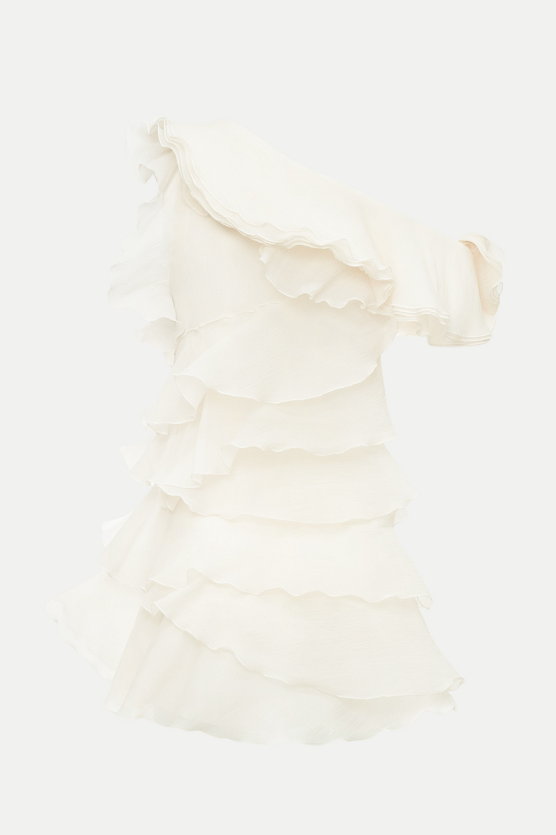 Shelyn Flower One Shoulder Ruffle Mini Dress - Beige