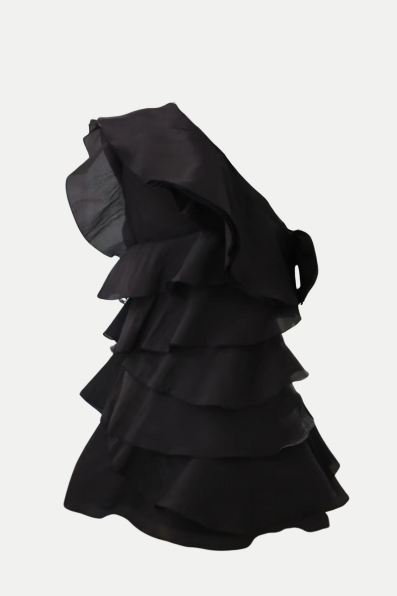 Shelyn Flower One Shoulder Ruffle Mini Dress - Black