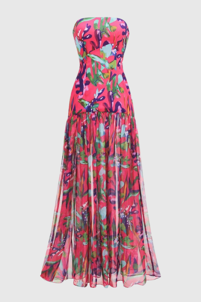Shmaka Print Strapless Slit Maxi Dress - Purple