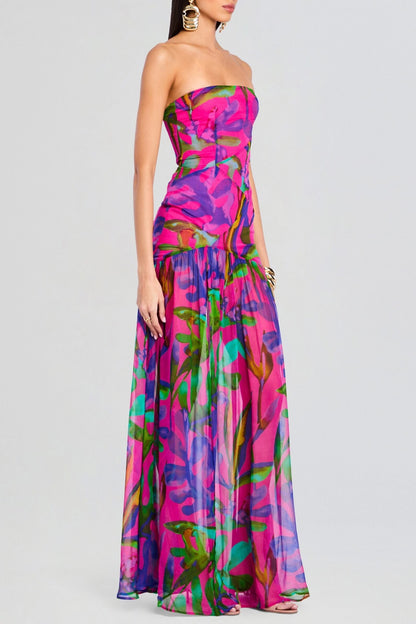 Shmaka Print Strapless Slit Maxi Dress - Purple