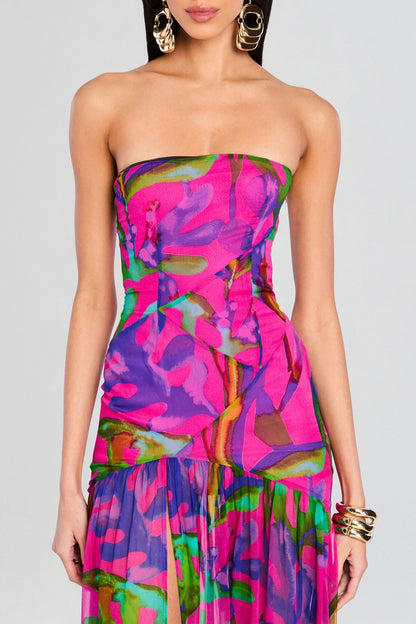 Shmaka Print Strapless Slit Maxi Dress - Purple