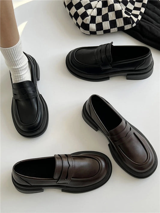 Shallow Mouth Round Toe Black Flats British Style Oxfords Sneakers Loafers