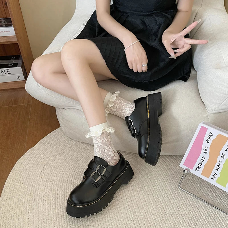 Fur Round Toe Black Flats British Style Oxfords Platform Sneakers Loafers
