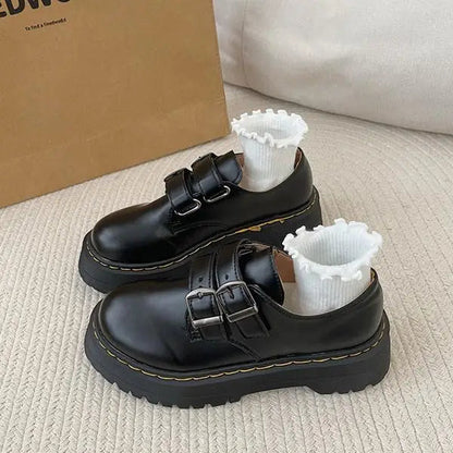 Fur Round Toe Black Flats British Style Oxfords Platform Sneakers Loafers