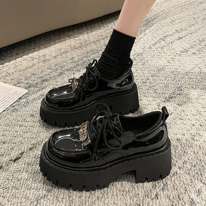 Fur Round Toe Black Flats British Style Oxfords Platform Sneakers Loafers