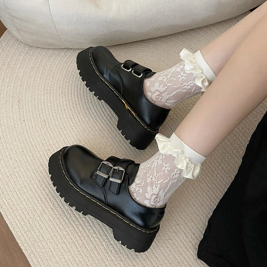 Fur Round Toe Black Flats British Style Oxfords Platform Sneakers Loafers