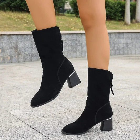 Fashionable Pointed Toe Back Zipper Design Black Suede Modern Ankle Boot