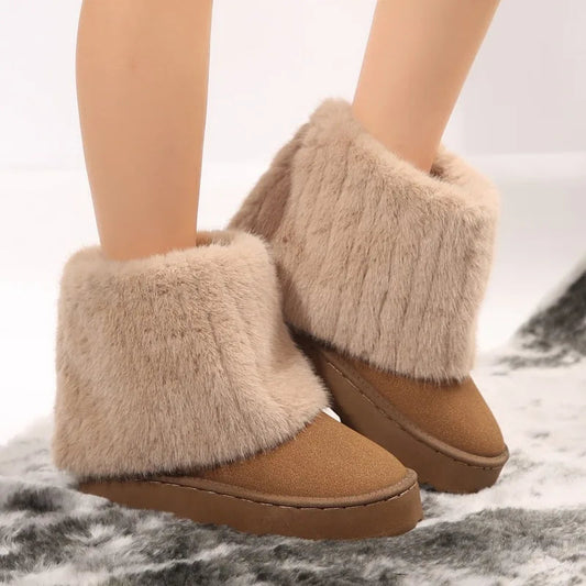 Slip-on Round Toe Flock Plush Warm Mid Heel Snow Boot