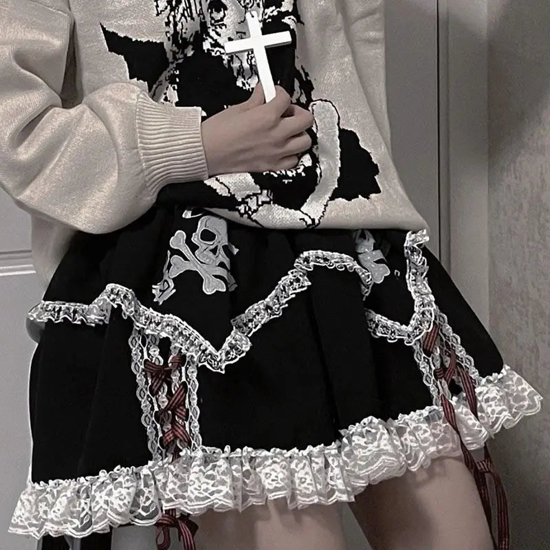 Short Dress Cosplay Subculture Y2k Lace Skeleton Gothic Trend Black High Waist Layered Skirt
