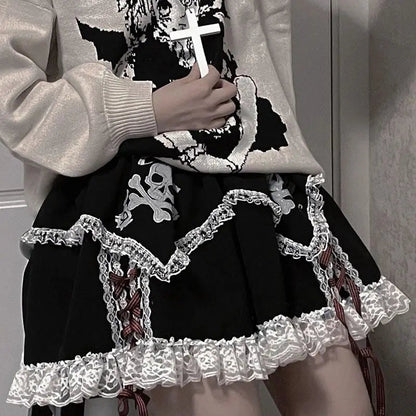 Short Dress Cosplay Subculture Y2k Lace Skeleton Gothic Trend Black High Waist Layered Skirt