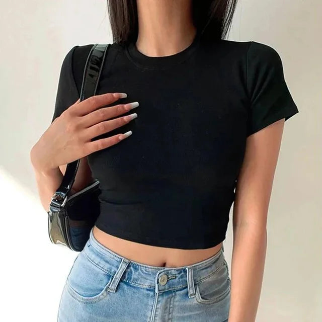 Short Sleeve T-shirt Simple Soft All-match Basic Crop Tops Tees Summer Skinny Tops Black White