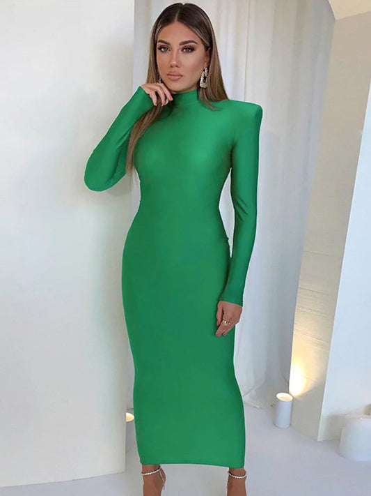 Shoulder Padded Long Sleeve Green Club Clothes Midi Dresses