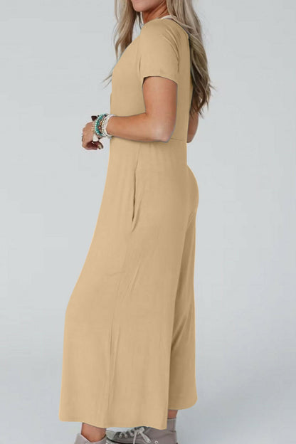 Single-breasted Short Sleeve Pocketed Jumpsuits