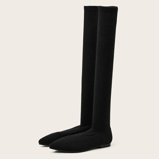 Size 34-40 ’s Black Thigh High Sock Boots – Slim Leg Stretch Fabric Pointed Toe Flat Heels Over the Knee Slip on Shoes