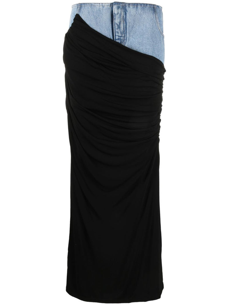 Sloane Draped Patchwork Denim Skirt