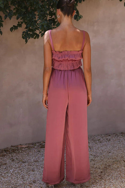 Smocked Ruffle Cami Crop Top Wide Leg Long Pants Set