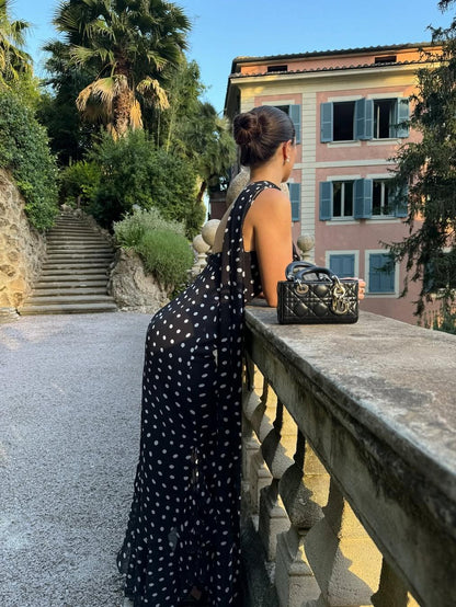 Black and Cream Polka Dot Ruffle Maxi Dress