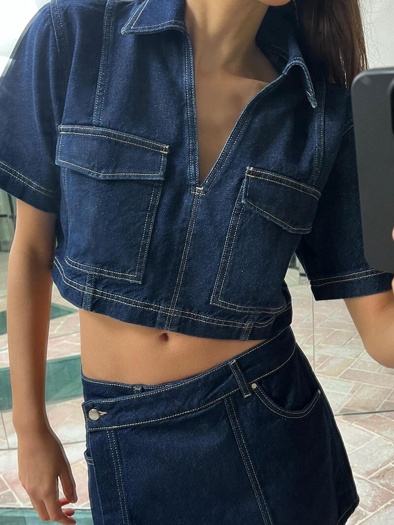 Faelyn - Denim Cropped-top & Skirt Two-piece Set