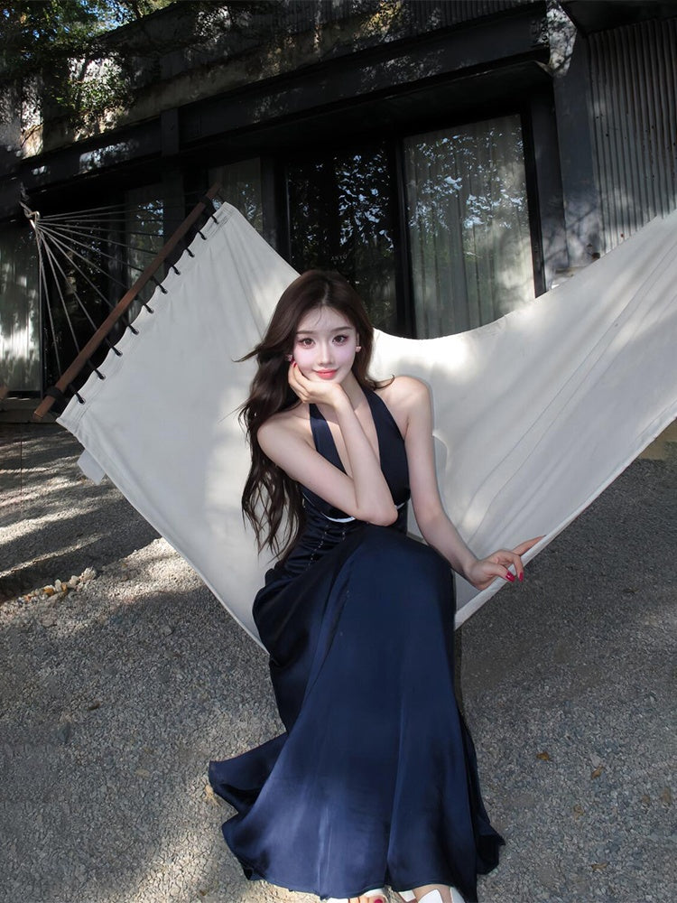 French Blue Halter Maxi Dress _ V-neck Cutout Bow-tie Backless Beach Dress