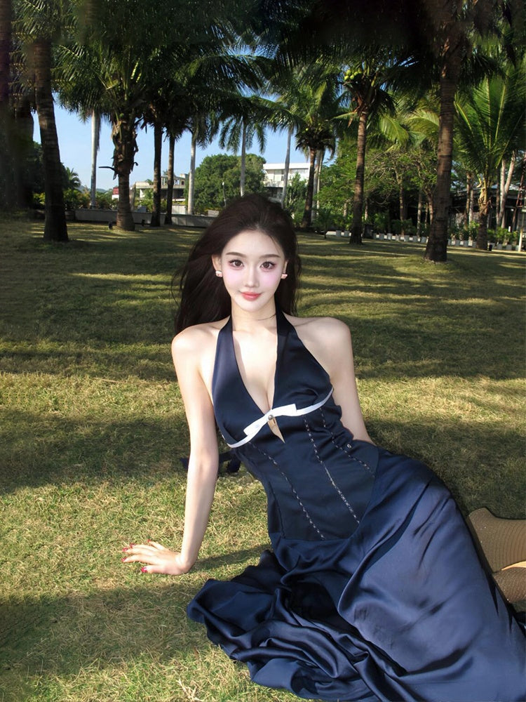 French Blue Halter Maxi Dress _ V-neck Cutout Bow-tie Backless Beach Dress