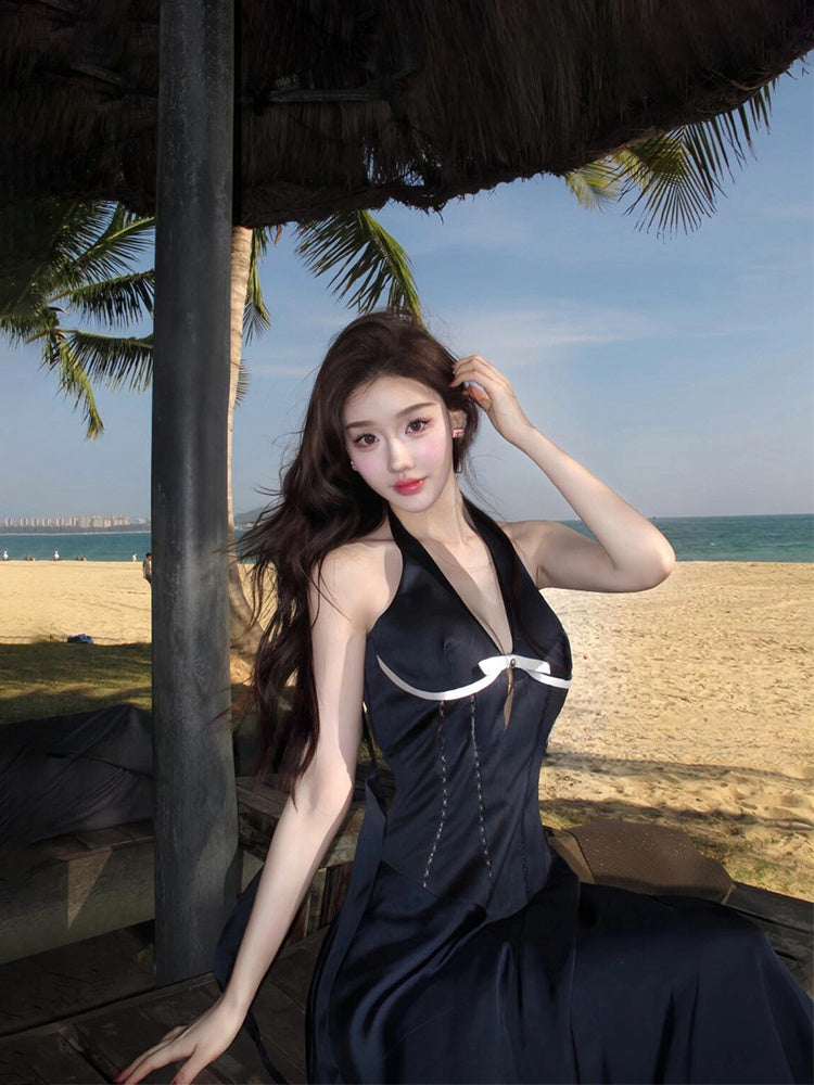 French Blue Halter Maxi Dress _ V-neck Cutout Bow-tie Backless Beach Dress