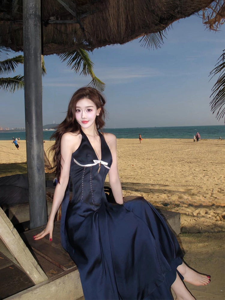 French Blue Halter Maxi Dress _ V-neck Cutout Bow-tie Backless Beach Dress