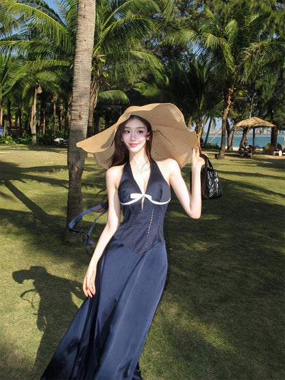 French Blue Halter Maxi Dress _ V-neck Cutout Bow-tie Backless Beach Dress