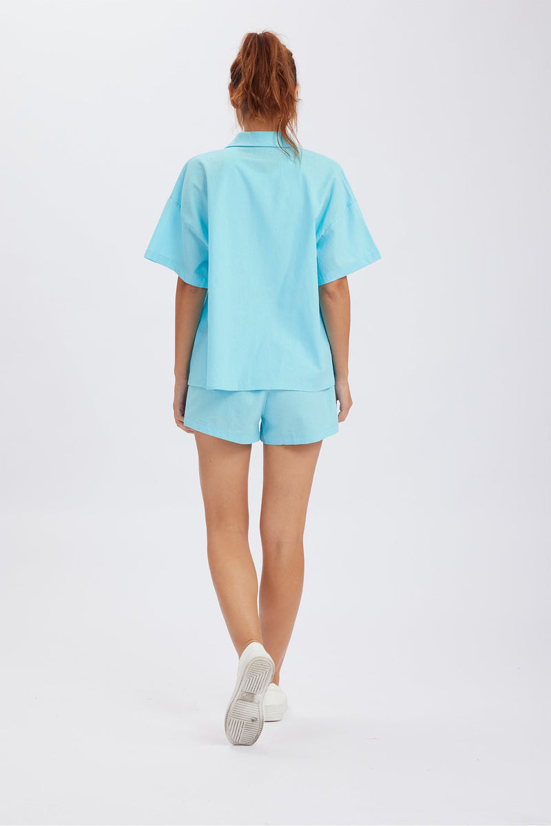 Button Through Drop Shoulder Shirt Shorts Set
