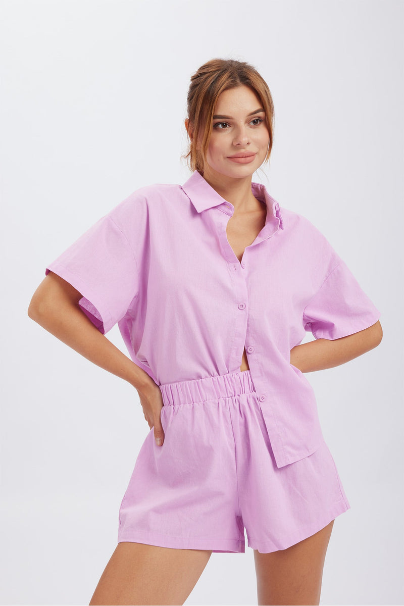 Button Through Drop Shoulder Shirt Shorts Set
