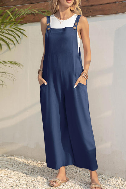 Color Button Closure Pocketed Jumpsuits