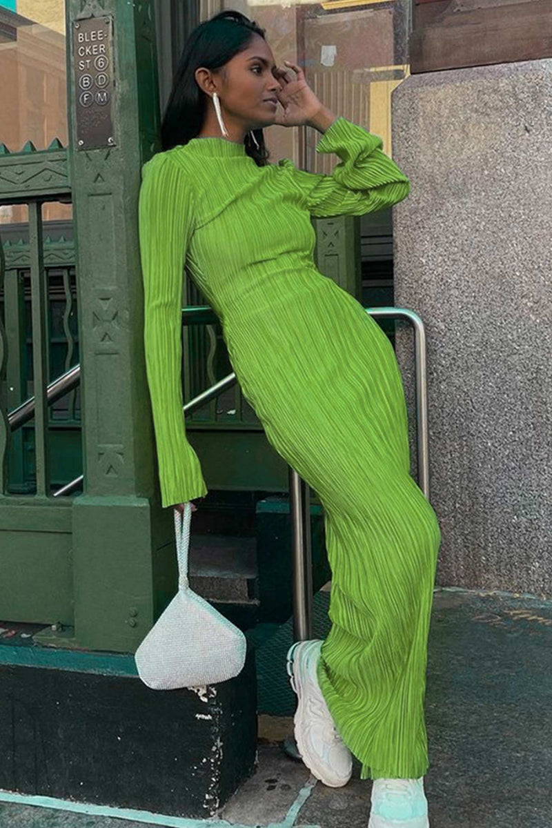 Color Crew Neck Pleated Maxi Dress