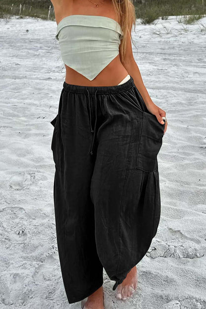Color Drawstring Pocket Wide Leg Pants