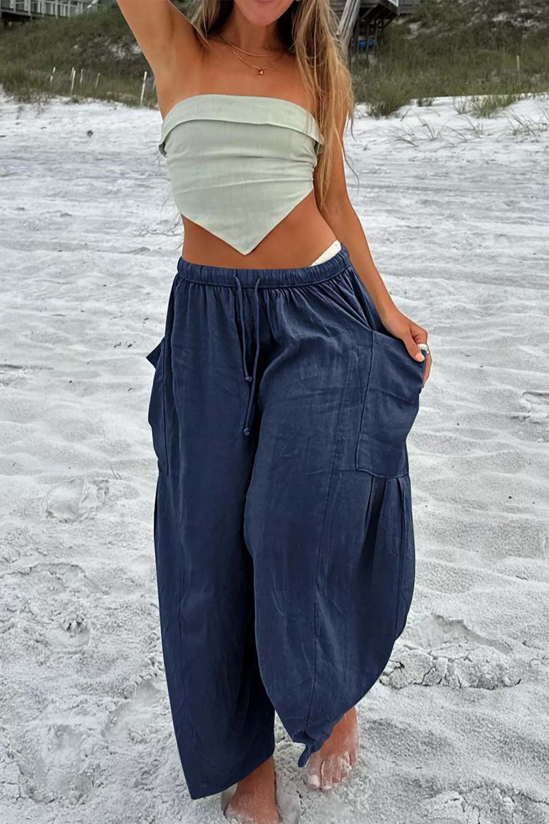 Color Drawstring Pocket Wide Leg Pants